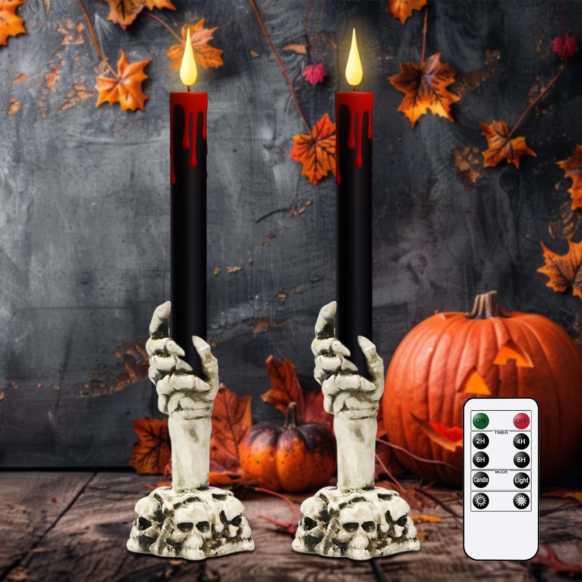 GenSwin Halloween Black Taper Flameless Candles with Ghost Hand Candlesticks and Remote Timer, 2
