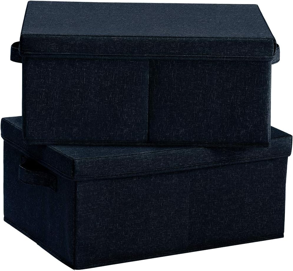 HOONEX Linen Foldable Storage Bins with Lids, 2 Pack, Storage Boxes with Carrying Handles and
