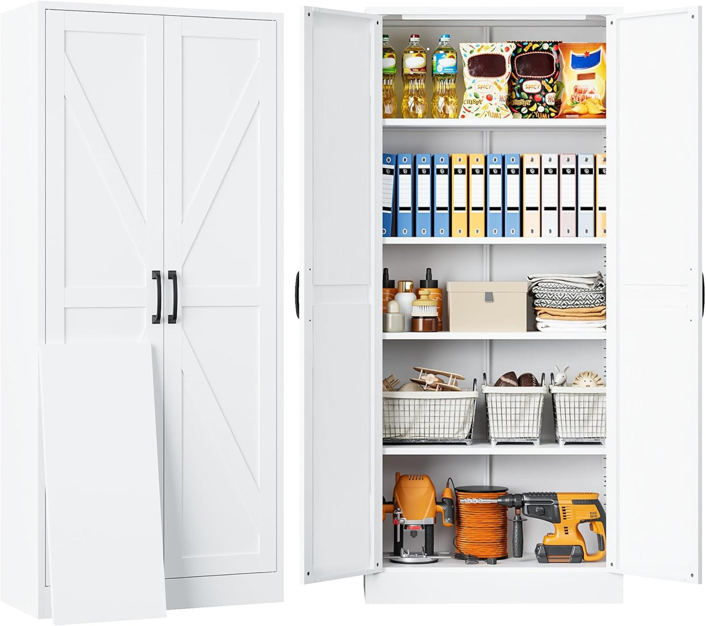 SISESOL Metal Storage Cabinet with 2 Doors and 5 Shelves,61 inch White Pantry Storage Cabinet,Large