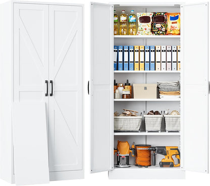 SISESOL Metal Storage Cabinet with 2 Doors and 5 Shelves,61 inch White Pantry Storage Cabinet,Large