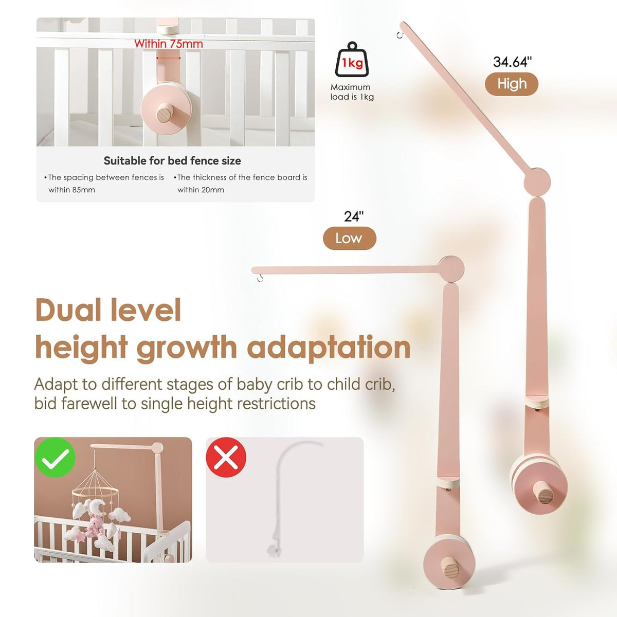 HI BABY MONMENT Crib Mobile Arm - Baby Mobile Hanger with 2-Height Settings Adjustable, Stabilizing