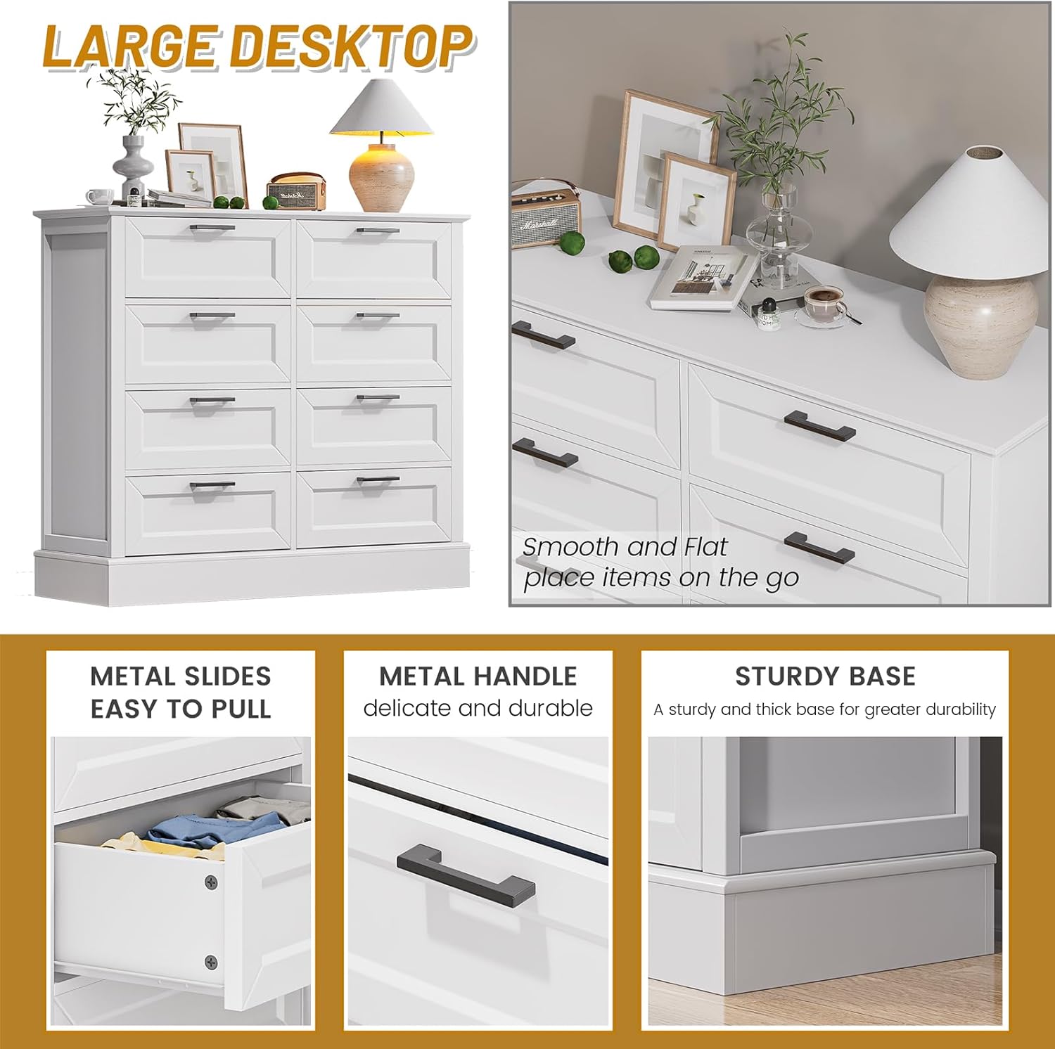 Odeekea White Dresser for Bedroom, Wood Dresser with 8 Drawers, Chest of Drawer for Bedroom Living