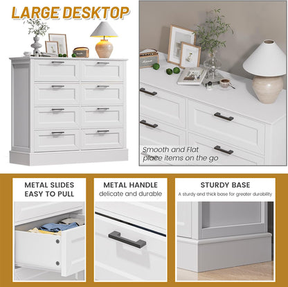 Odeekea White Dresser for Bedroom, Wood Dresser with 8 Drawers, Chest of Drawer for Bedroom Living