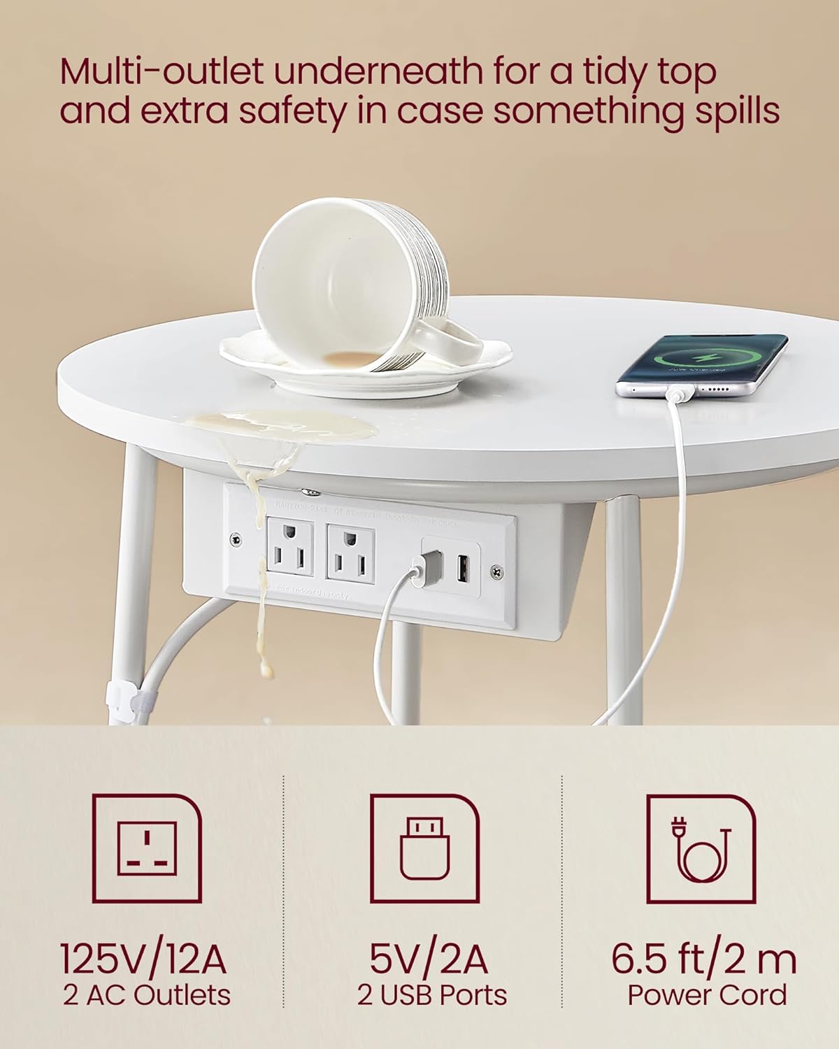 VASAGLE Side Table with Charging Station, Round End Table with Fabric Basket, Nightstand with Power