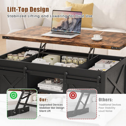 48" Farmhouse Lift Top Coffee Table with Storage Sliding Barn Door & Large Hidden Compartment