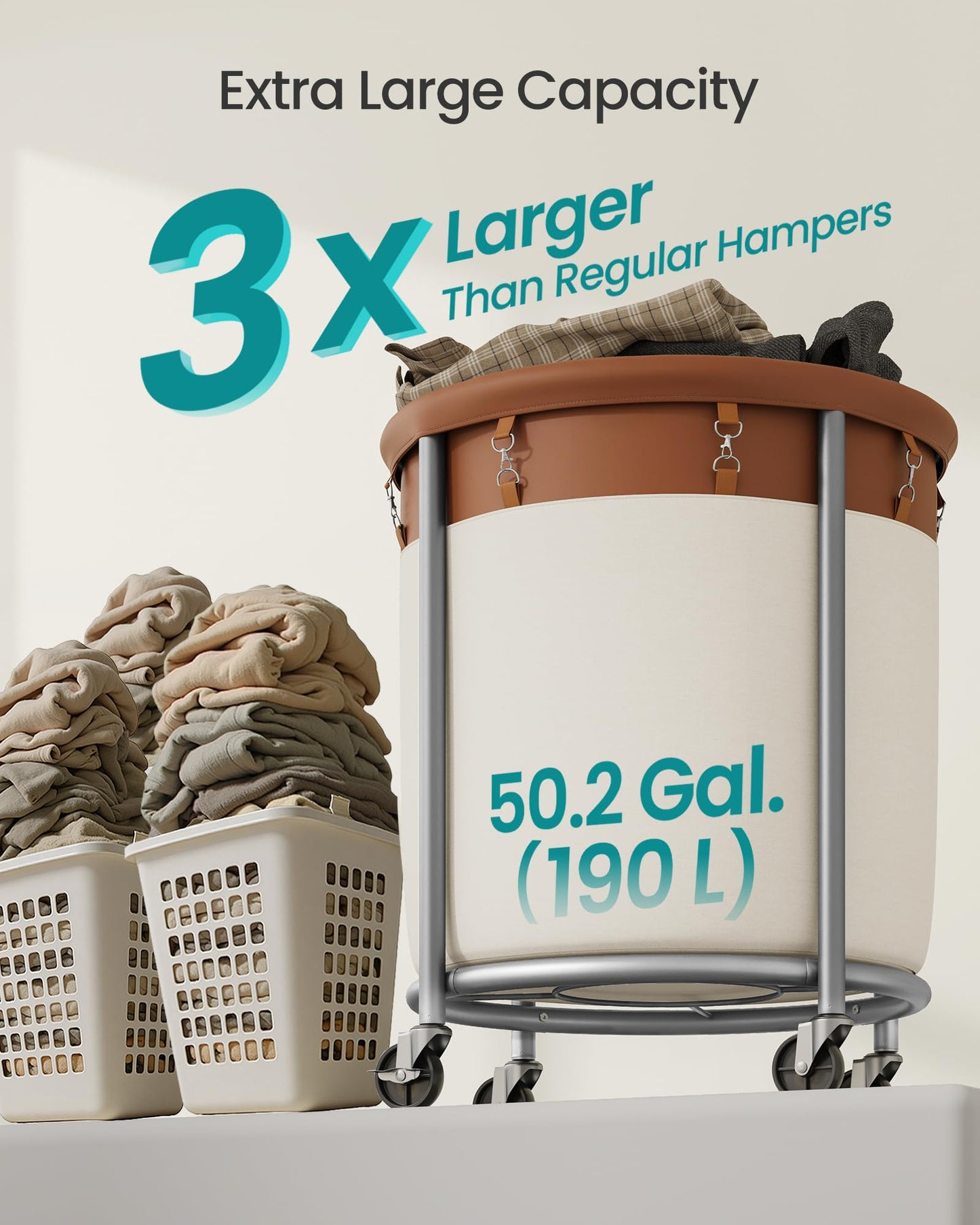 SONGMICS Laundry Basket, Rolling Steel Frame with 2 Locking Wheels, 190 L