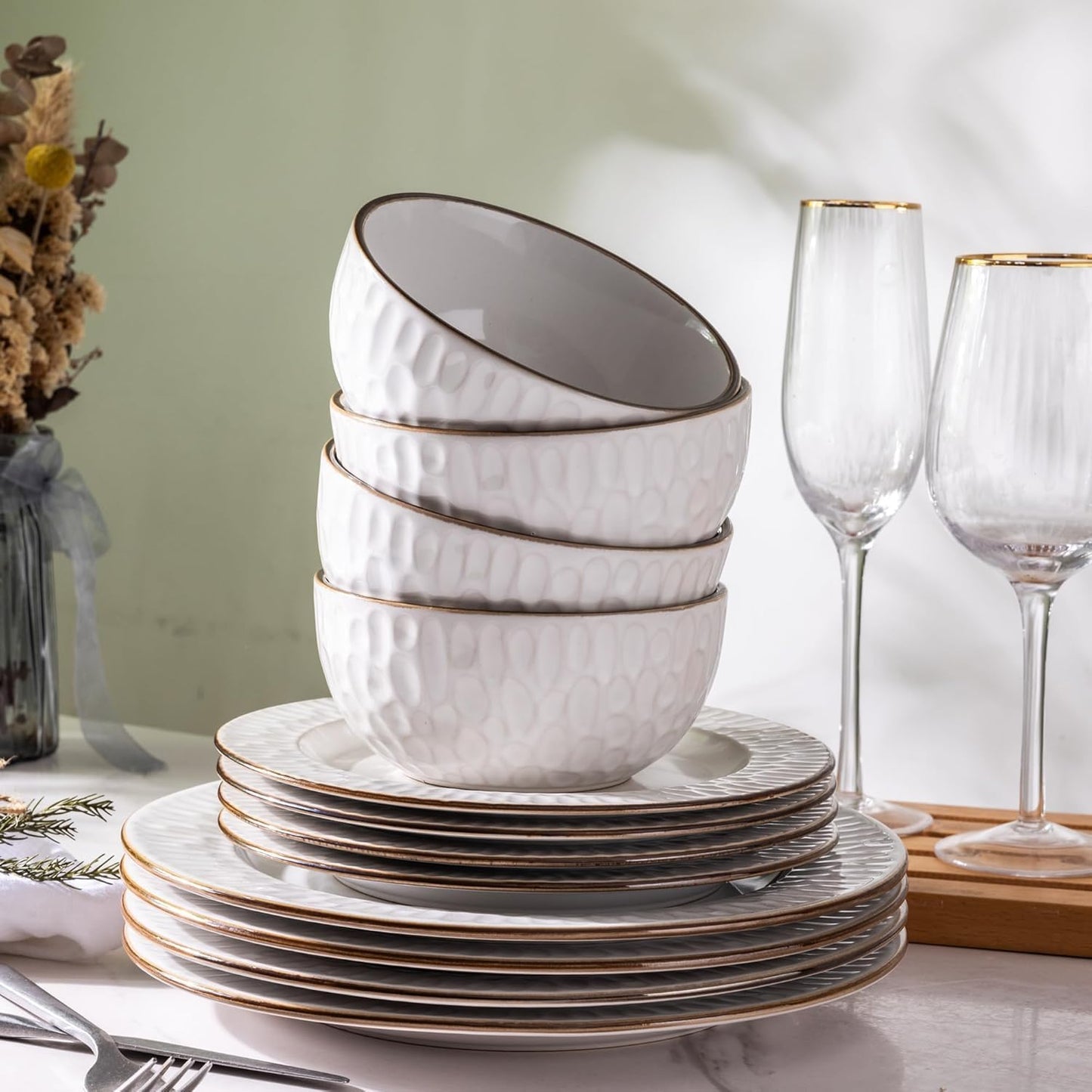 GBHOME Ceramic Dinnerware Sets, 24 pcs Embossed Elegant Stoneware Plates and Bowls Sets