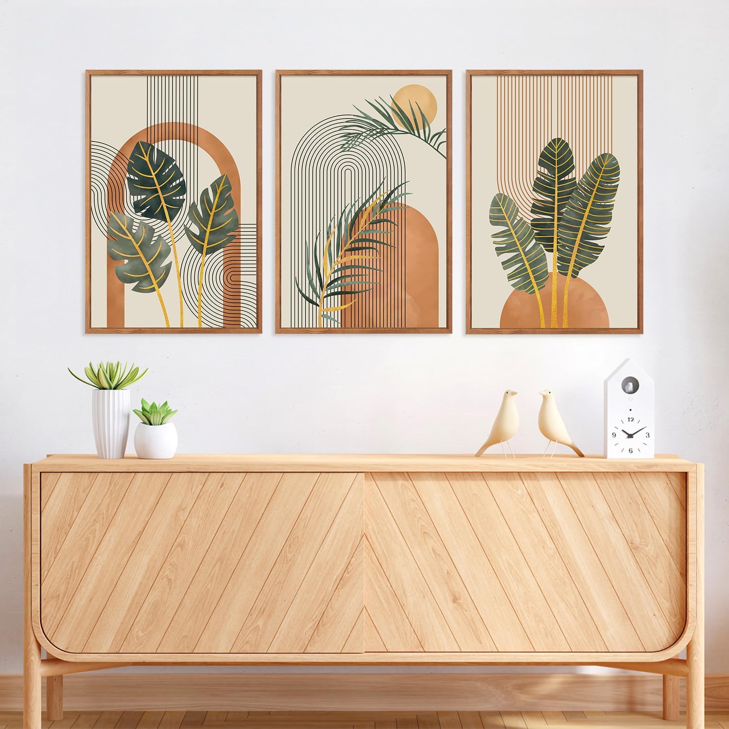 KAIRNE Boho Canvas Wall Art,Tropical Palm Leaf Wall Decor,Mid-Century Geometric Illustrations Set