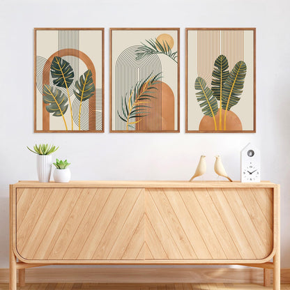 KAIRNE Boho Canvas Wall Art,Tropical Palm Leaf Wall Decor,Mid-Century Geometric Illustrations Set
