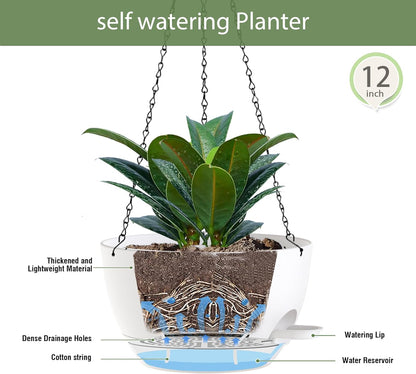 12 Inch Hanging Baskets 2 PC with Chains, Self-Watering Hanging Planters for Indoor Outdoor Plants