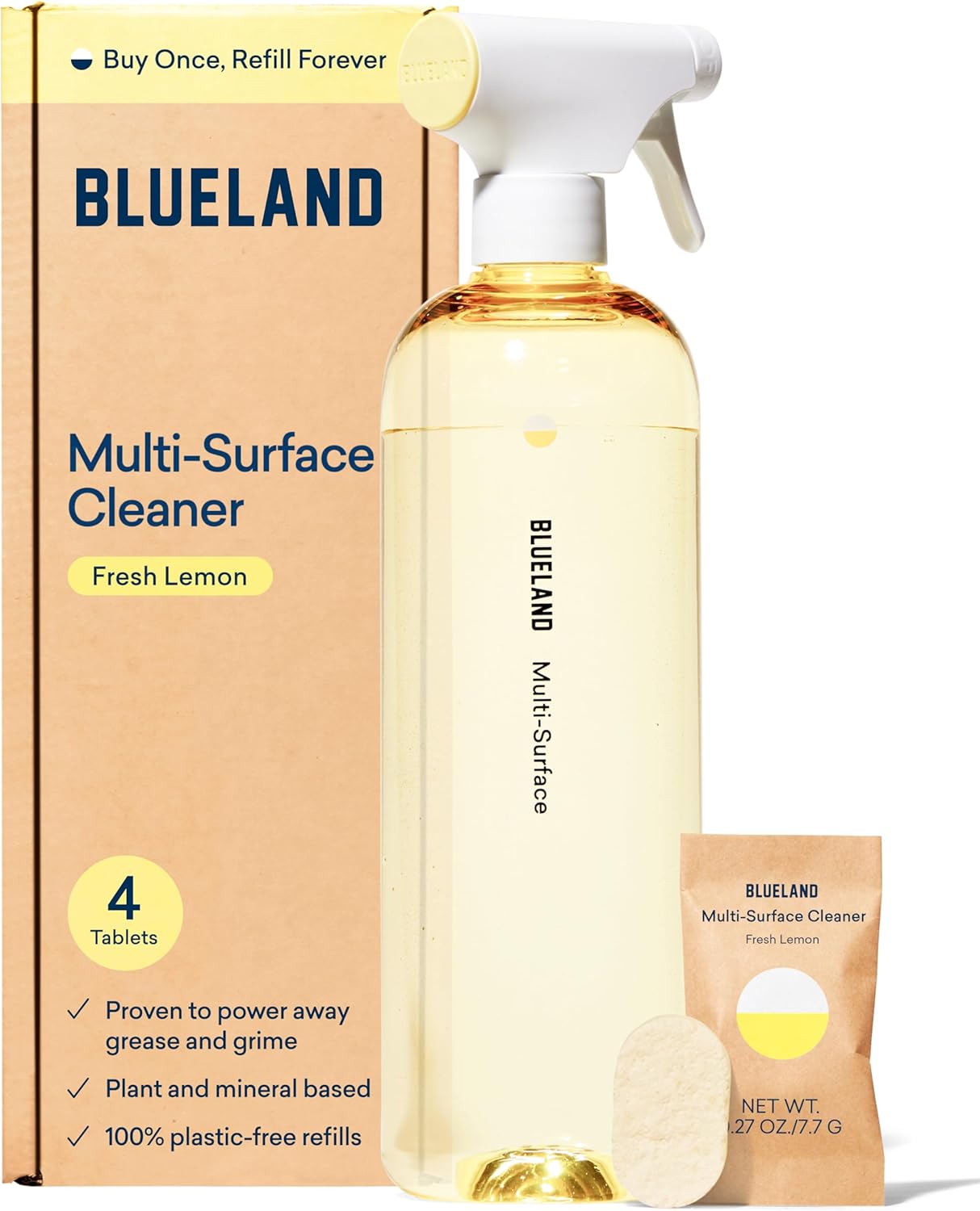 BLUELAND Multi-surface Cleaner, Starter Set, Fresh Lemon Scent, Spray Bottle with 4 Refill Tablets