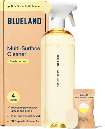 BLUELAND Multi-surface Cleaner, Starter Set, Fresh Lemon Scent, Spray Bottle with 4 Refill Tablets