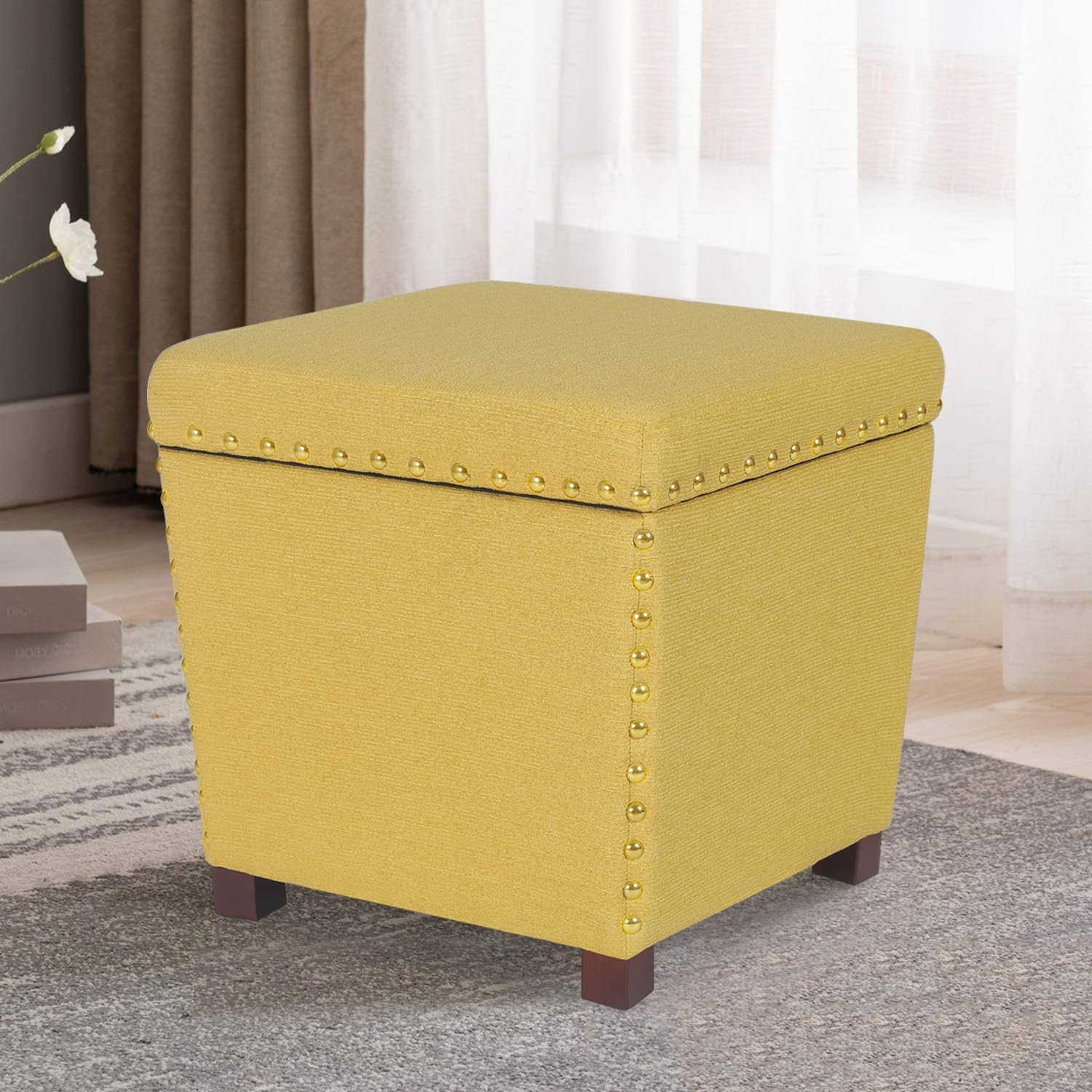 Adeco Square Storage Ottoman with Hinged Lid, Modern Accent Bench Footrest Stool, Coffee Table for