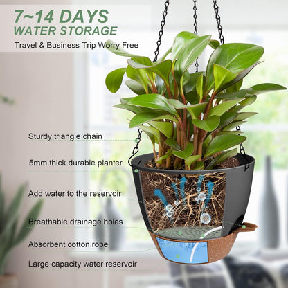 Hanging Planters for Indoor Outdoor Plants, 2 Pack Self Watering Hanging Pot with Drainage Holes &