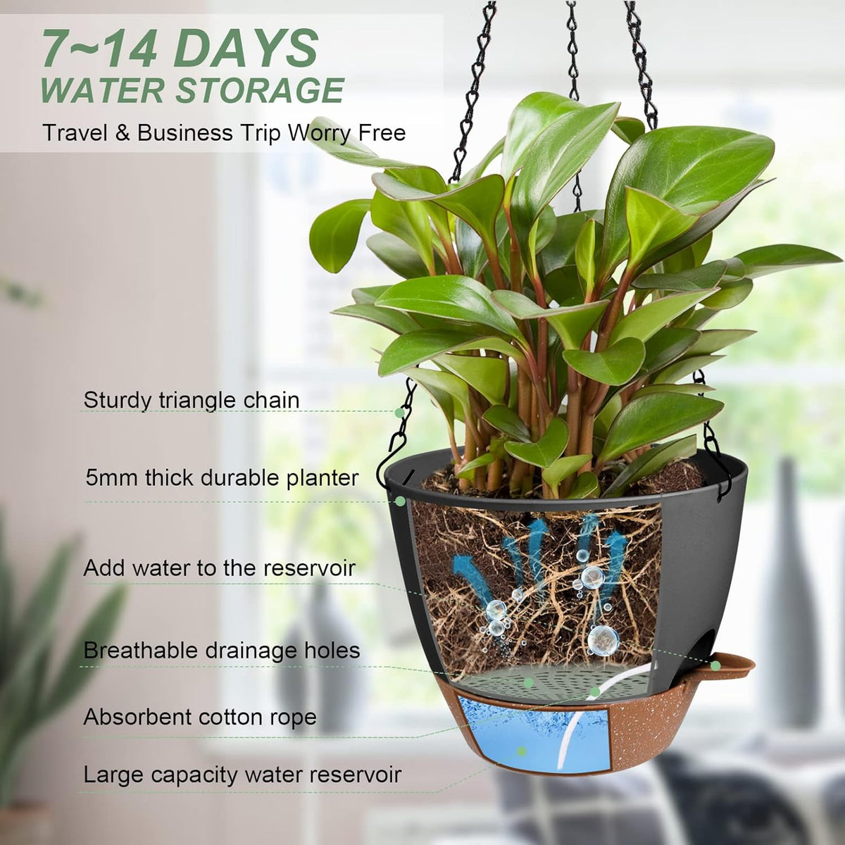 Hanging Planters for Indoor Outdoor Plants, 2 Pack Self Watering Hanging Pot with Drainage Holes &