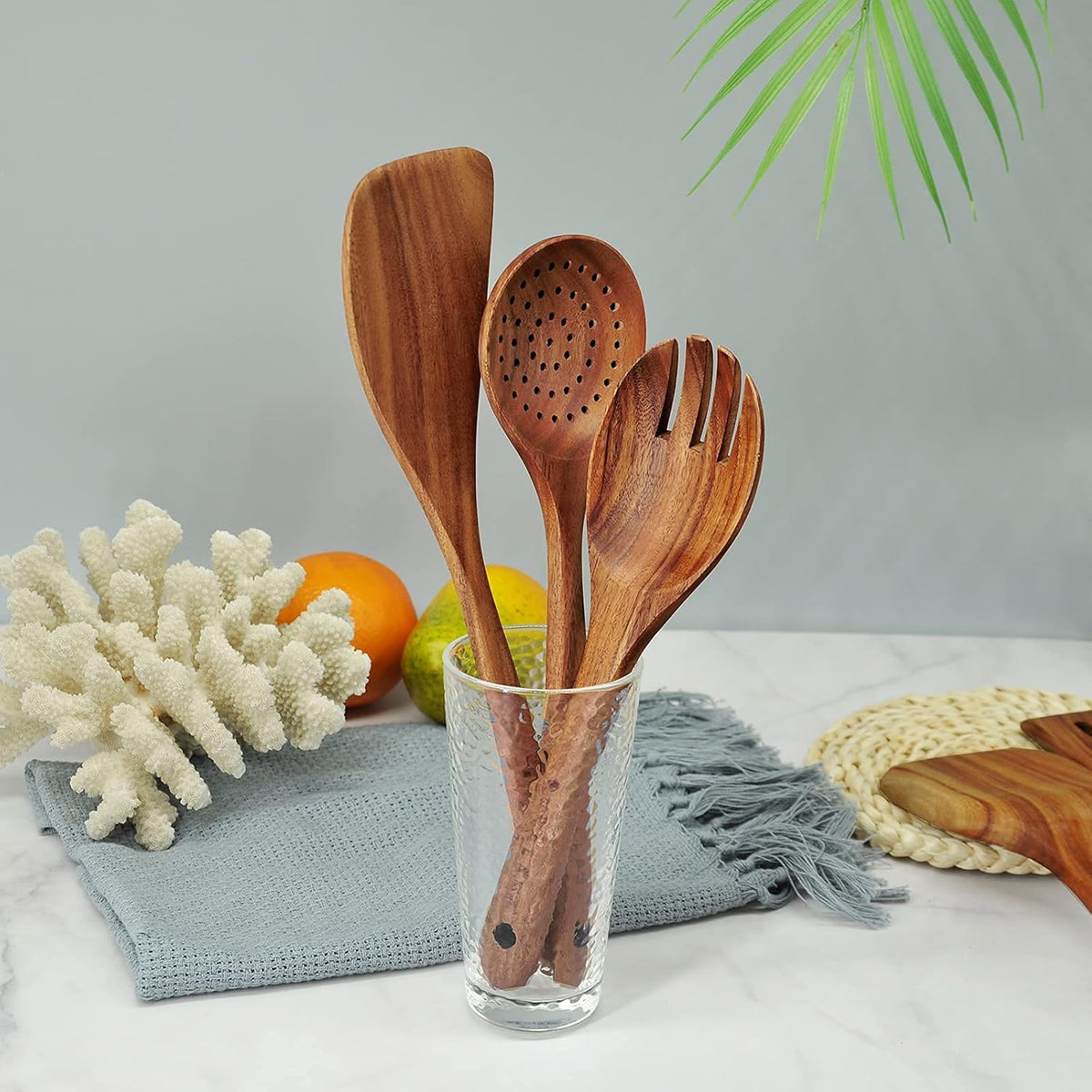 GreyWooden Kitchen Utensil Set, 6Pcs Wooden Cooking Utensils for Non-Stick Pan, 100% Natural Teak