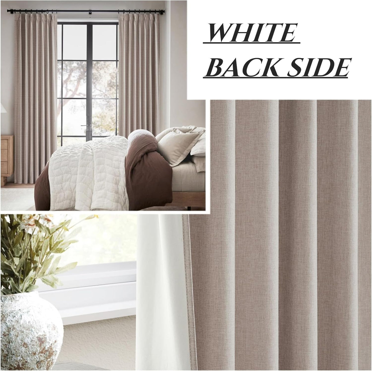 Thick Linen Blackout Curtains 105 Inches Long 2 Panels Set, Custom Length Heat/Draft Blocking Back