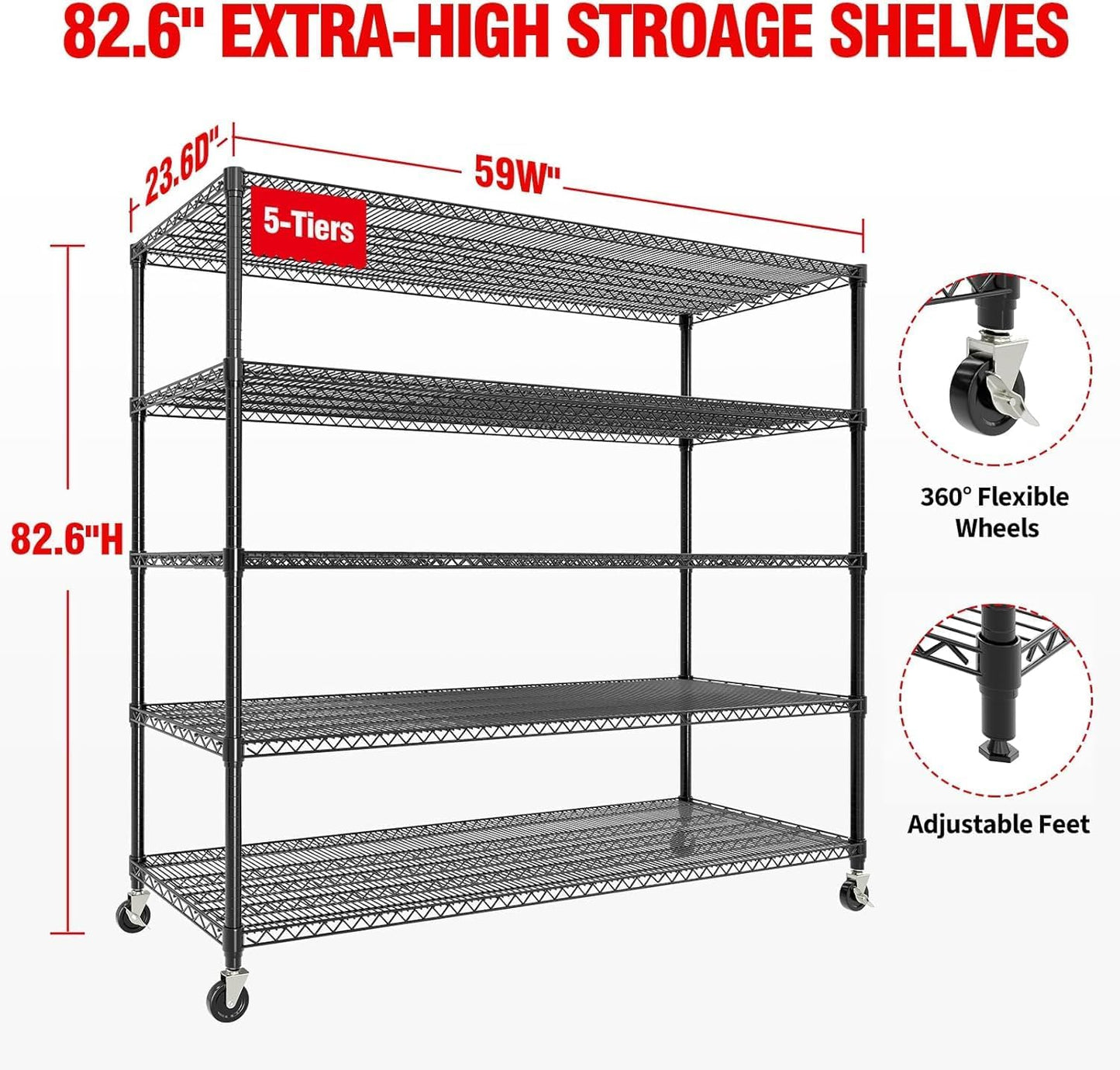 Garvee 3300LBS 5 Tier Metal Shelving with Wheels,82"H Storage Shelves,Black