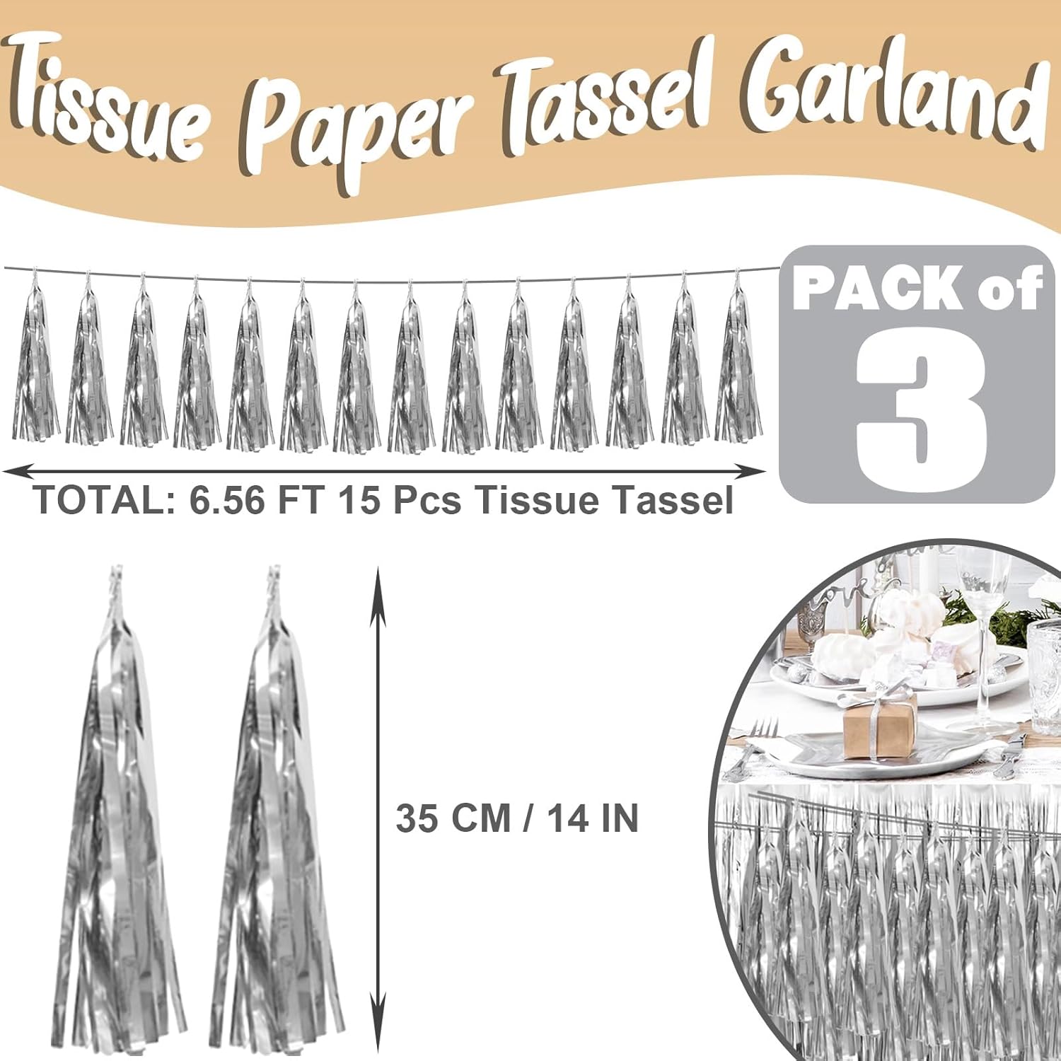 3P Silver Foil Fringe Metallic Tassel Streamers Banner Tassel Garland for Parade Floats