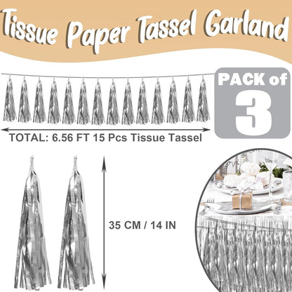3P Silver Foil Fringe Metallic Tassel Streamers Banner Tassel Garland for Parade Floats