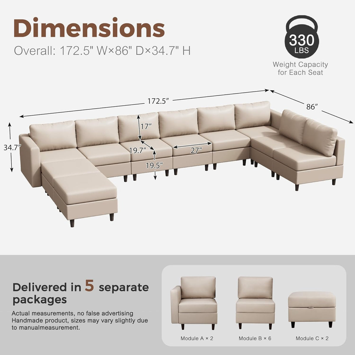 Oversized 172.5" Faux Leather Modular Sectional Sofa, Modern Large 10 Seater U Shaped Couch with
