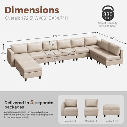 Oversized 172.5" Faux Leather Modular Sectional Sofa, Modern Large 10 Seater U Shaped Couch with