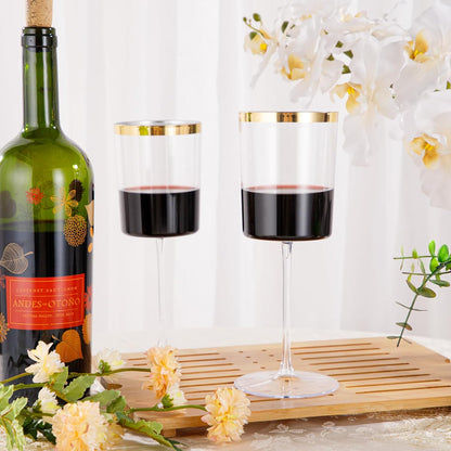 Ciaell 12 Pack Plastic Wine Glasses - 14 Oz Plastic Wine Glasses with Stem - Square Gold Disposable
