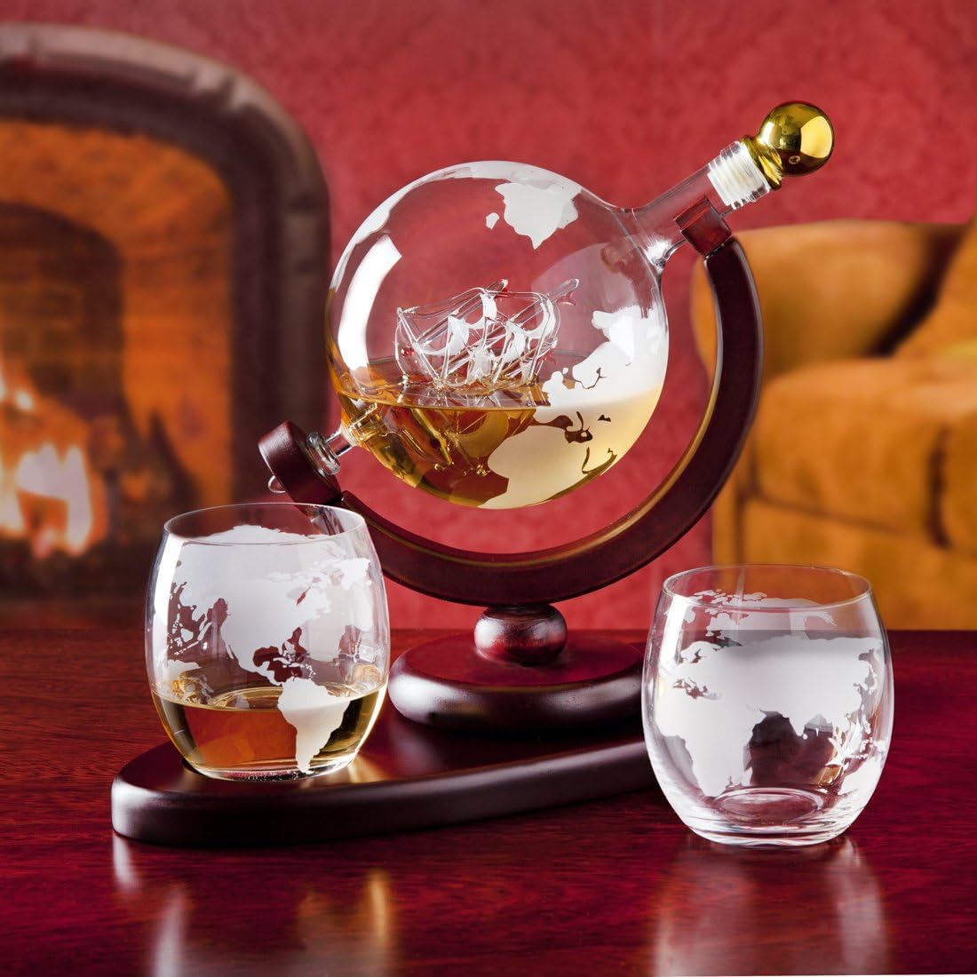 Whiskey Decanter Globe Set with 2 Etched Whiskey Glasses - for Liquor Scotch Bourbon Vodka, Gifts