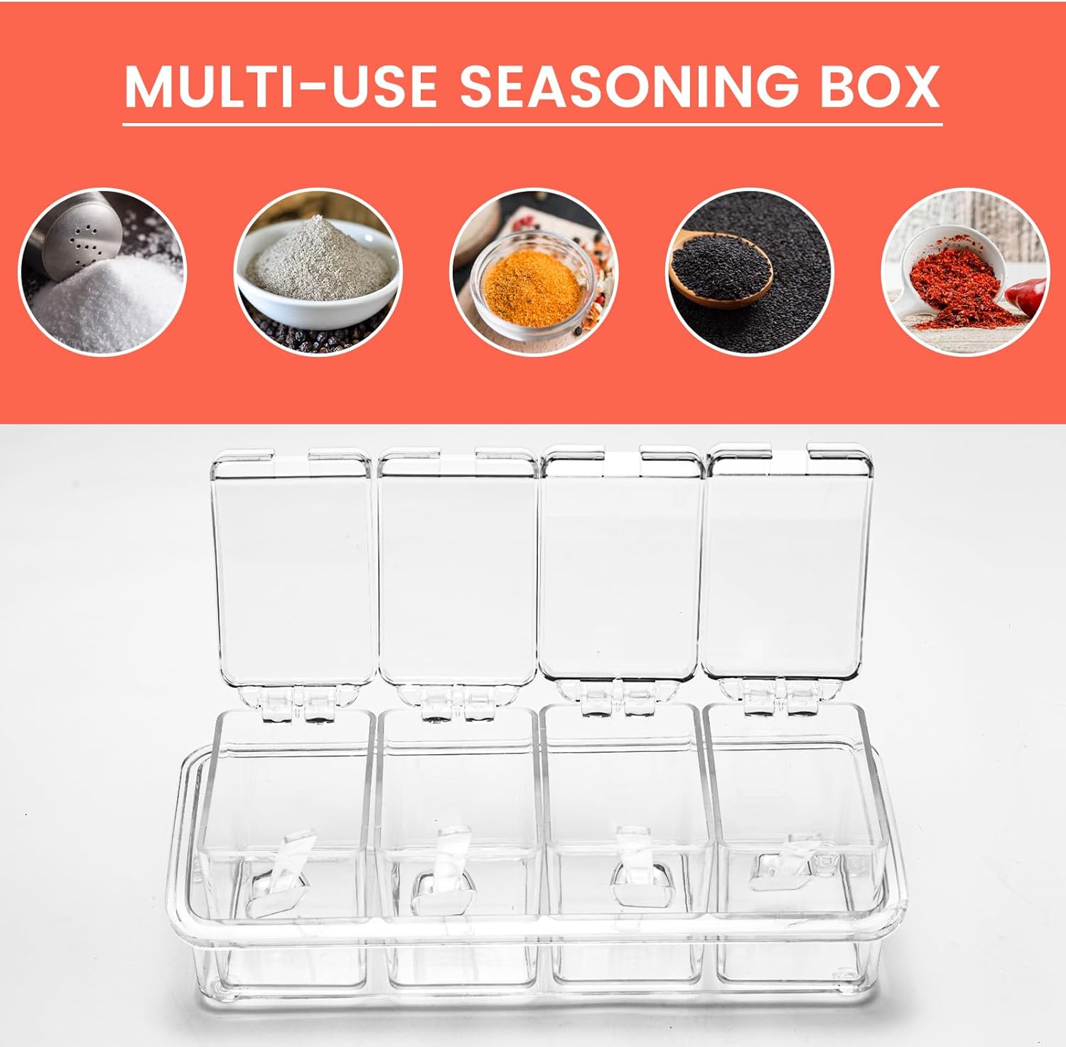 Clear Seasoning Box, 4 Piece Seasoning Rack Spice Pots, Plastic Storage Container Condiment Jars