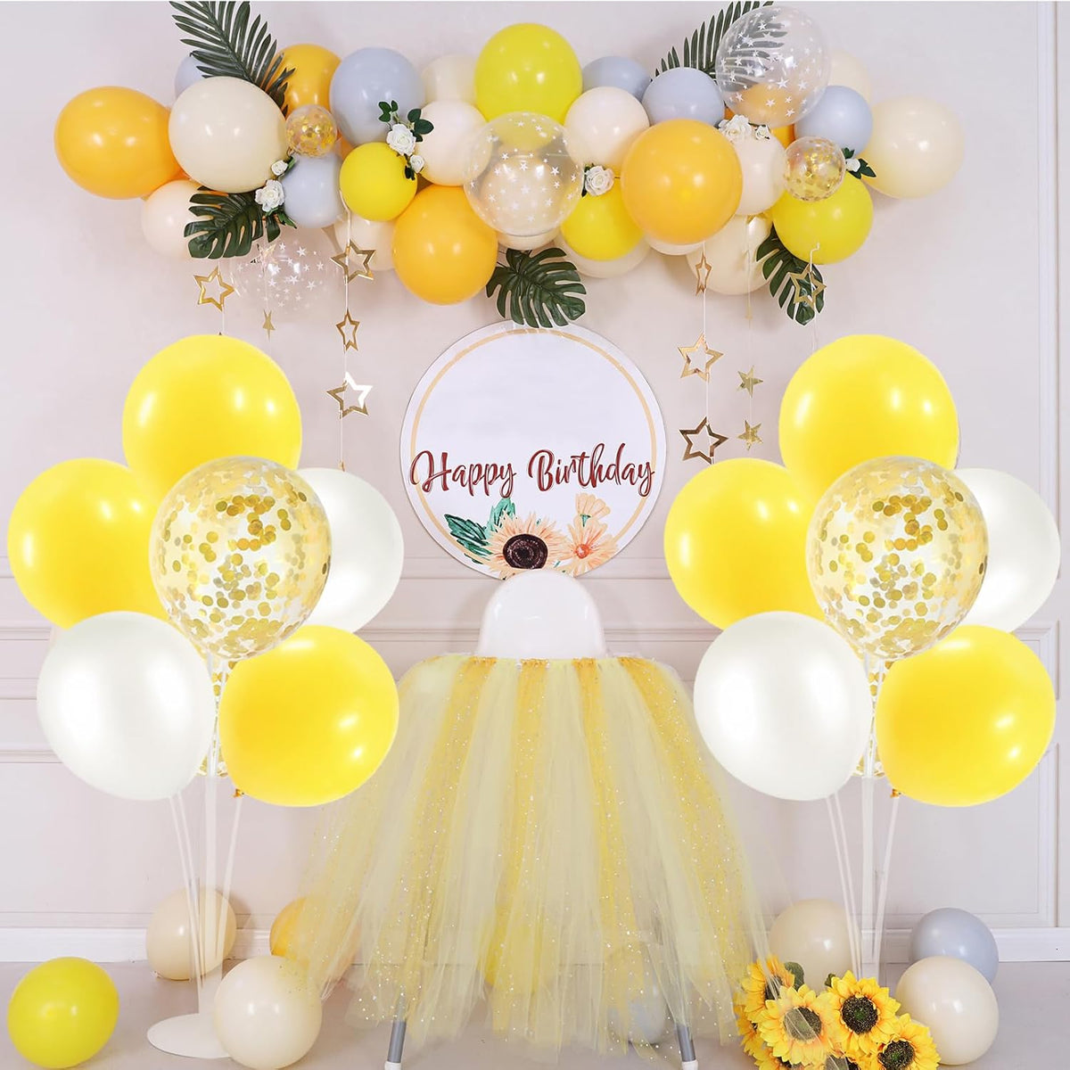 Yellow and White Balloon Stand Centerpiece Table Decorations for Bee Sunflower Daisy Birthday