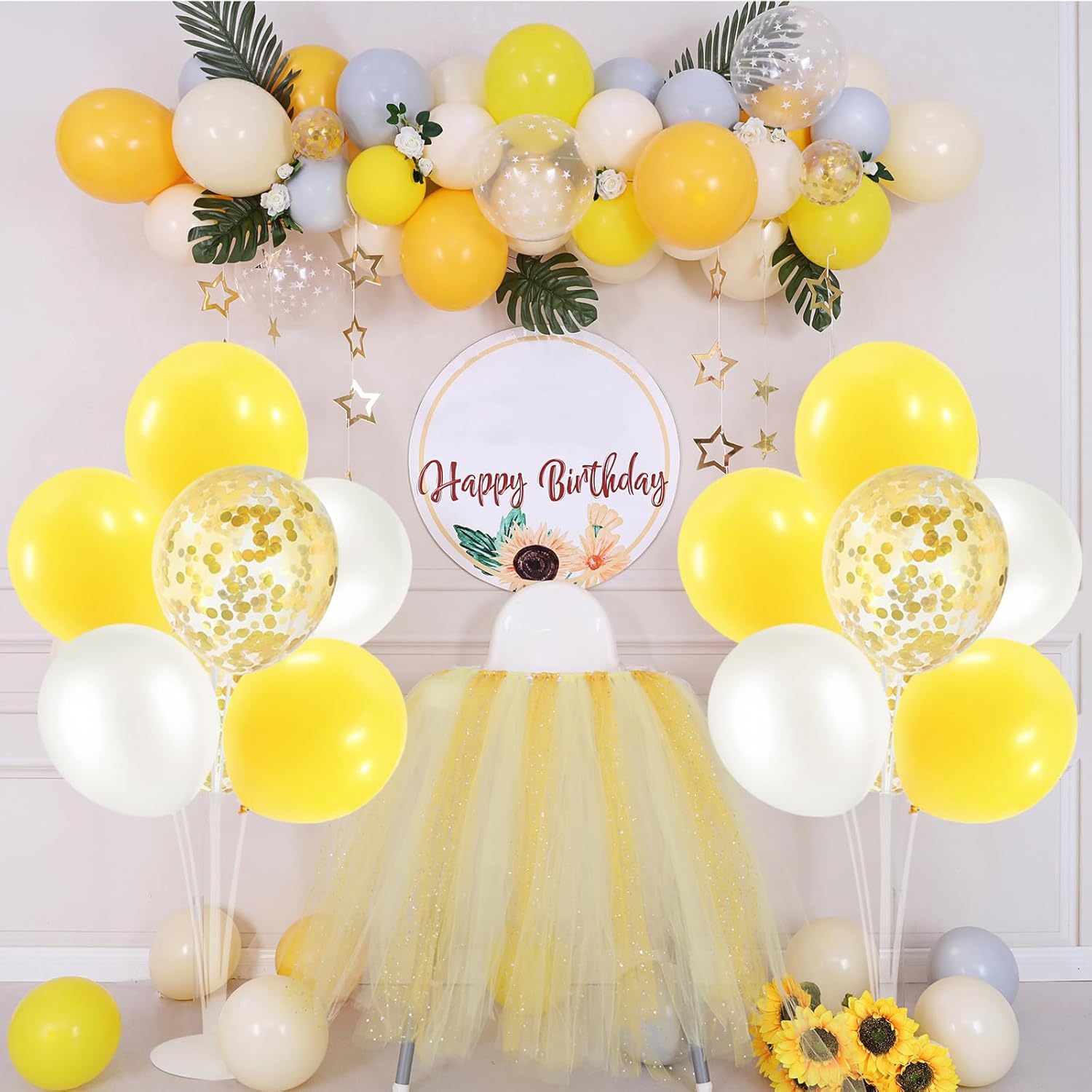 Yellow and White Balloon Stand Centerpiece Table Decorations for Bee Sunflower Daisy Birthday