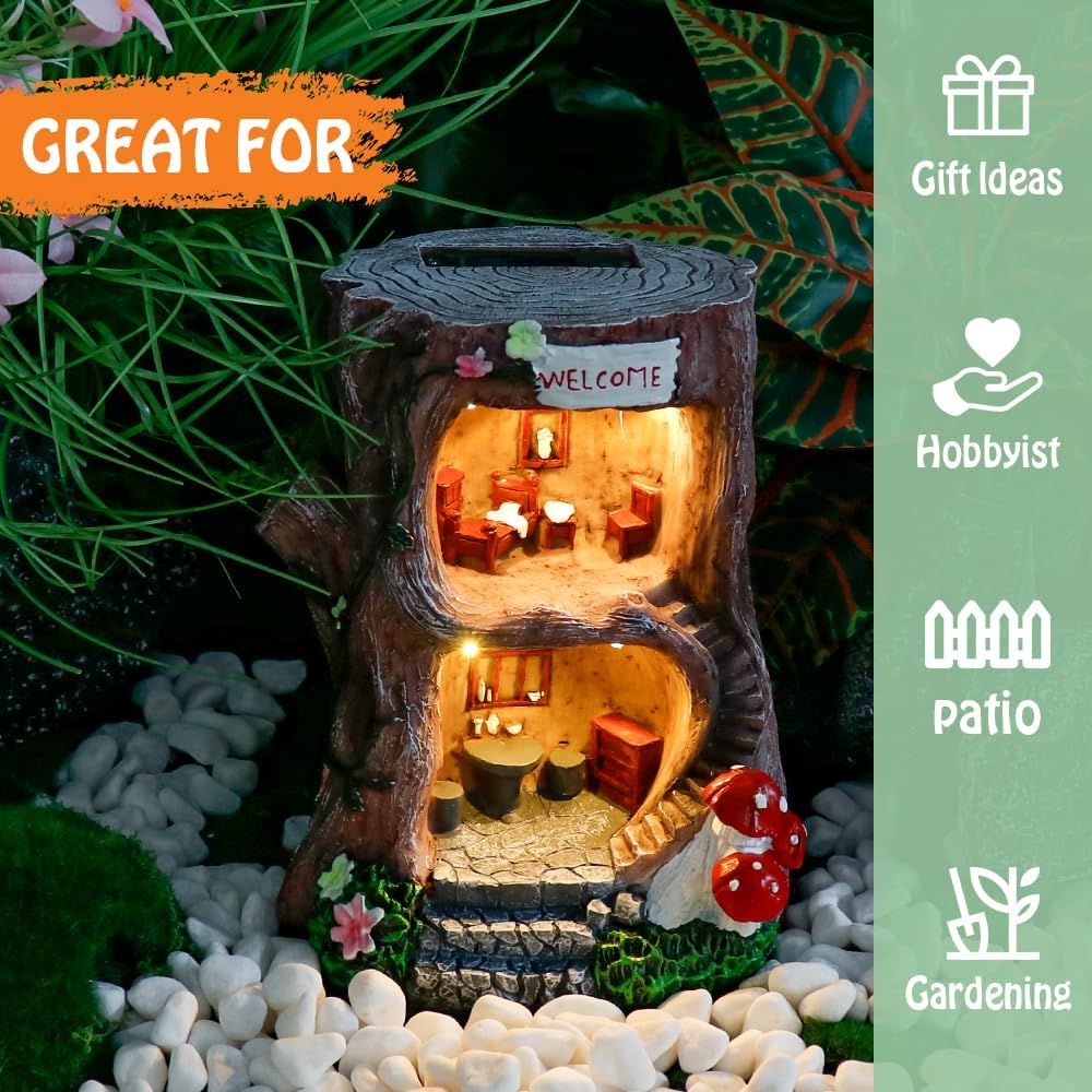 Solar Light Gnome Fairy Garden House for Outside, Big Size Fairy Miniature Buildings Accessories