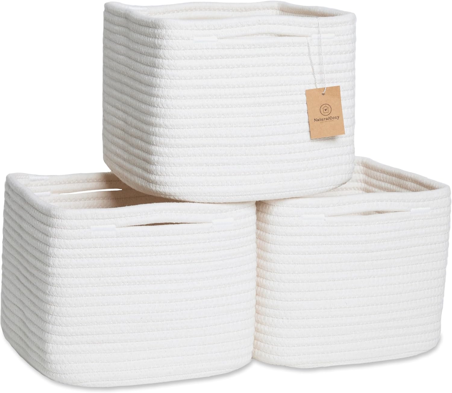 NaturalCozy Storage Cubes 9”x9”x7”Cotton Rope Woven Baskets for Organizing 3-Pack | 9 Inch Cube