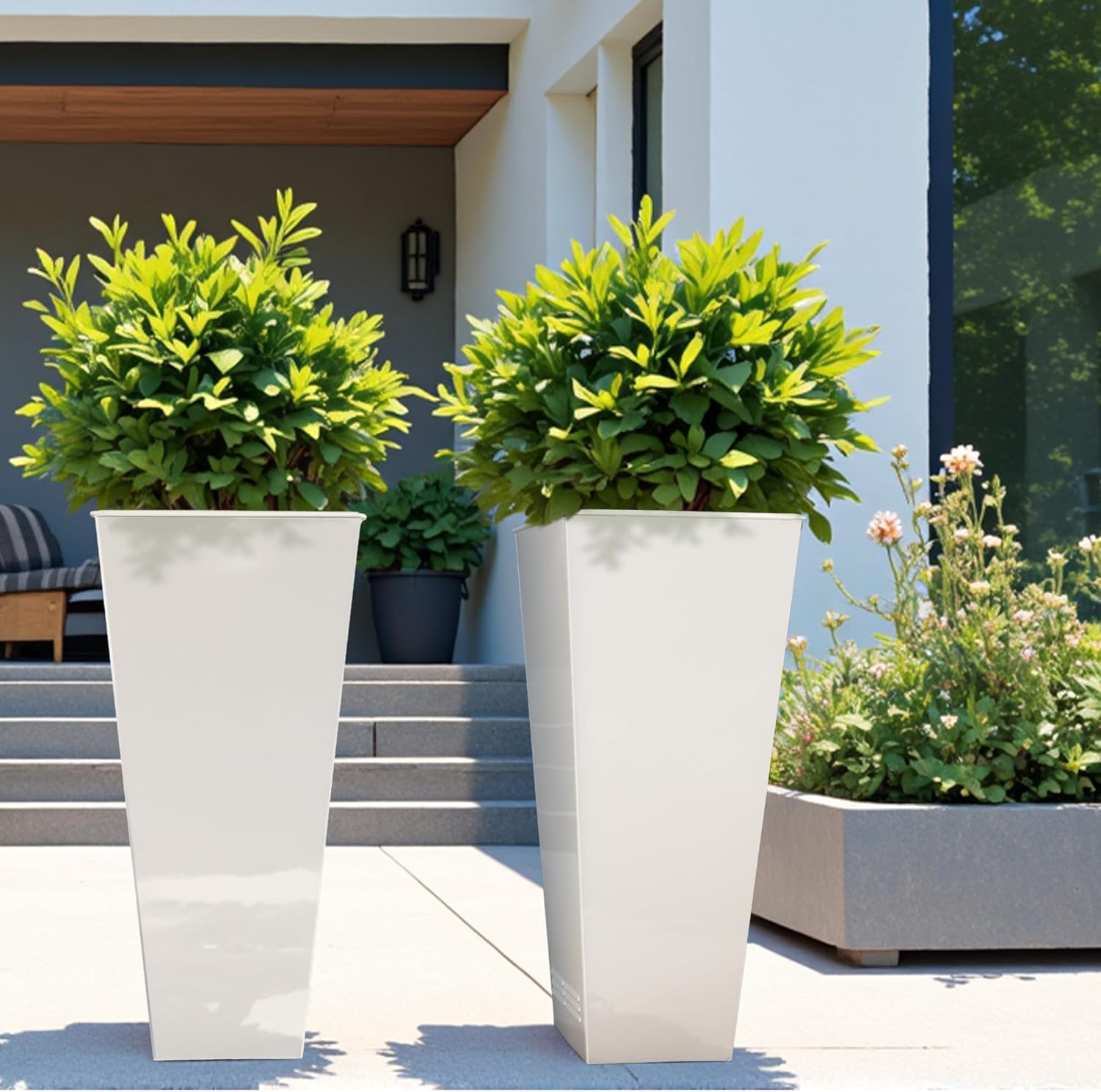 Worth Garden 28" H. Large Metal Glazed Planter Set of 2, Modern Glossy Finish White Tall Square