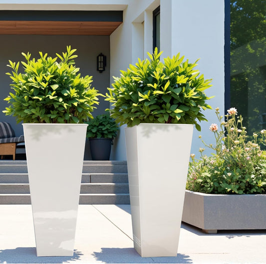 Worth Garden 28" H. Large Metal Glazed Planter Set of 2, Modern Glossy Finish White Tall Square