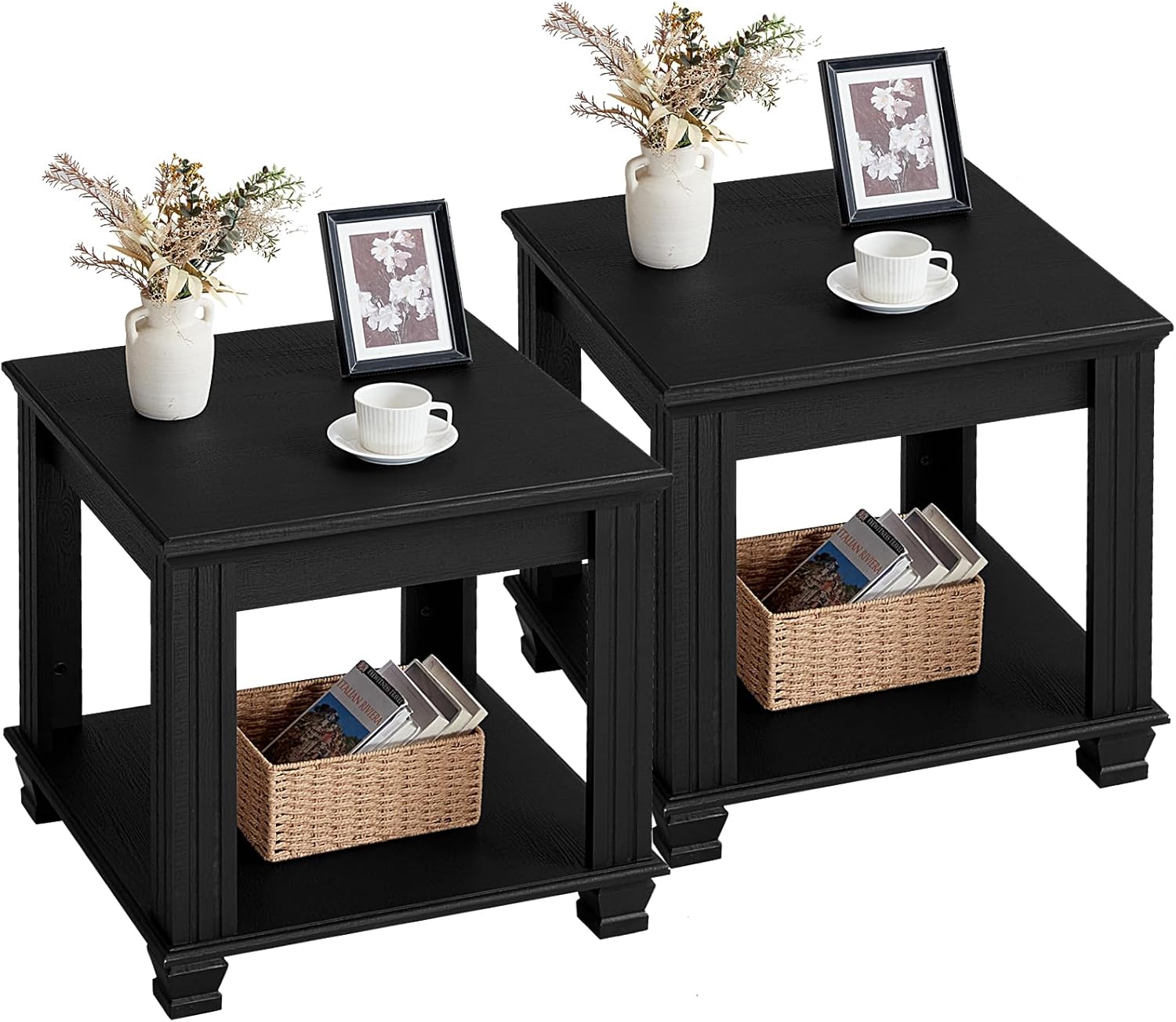 Farmhouse End Table Set of 2,Large Side Table with 2-Tier Storage Shelf,Rustic Wood End Tables for