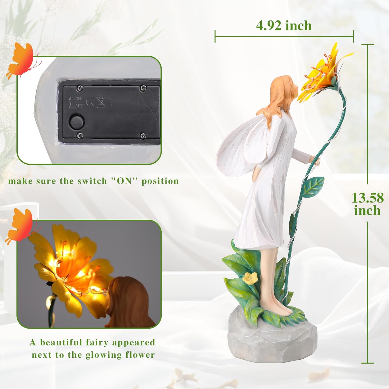 Fairy Garden Statue Outdoor Decor, Solar Powered Garden Sculptures Fairy Resin Statues Waterproof