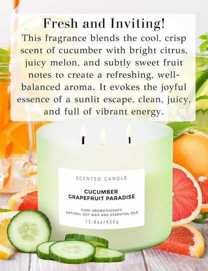 Cucumber Grapefruit Paradise 3-Wick Scented Candle | Large Soy Candle for Home 15.8 oz | Fresh