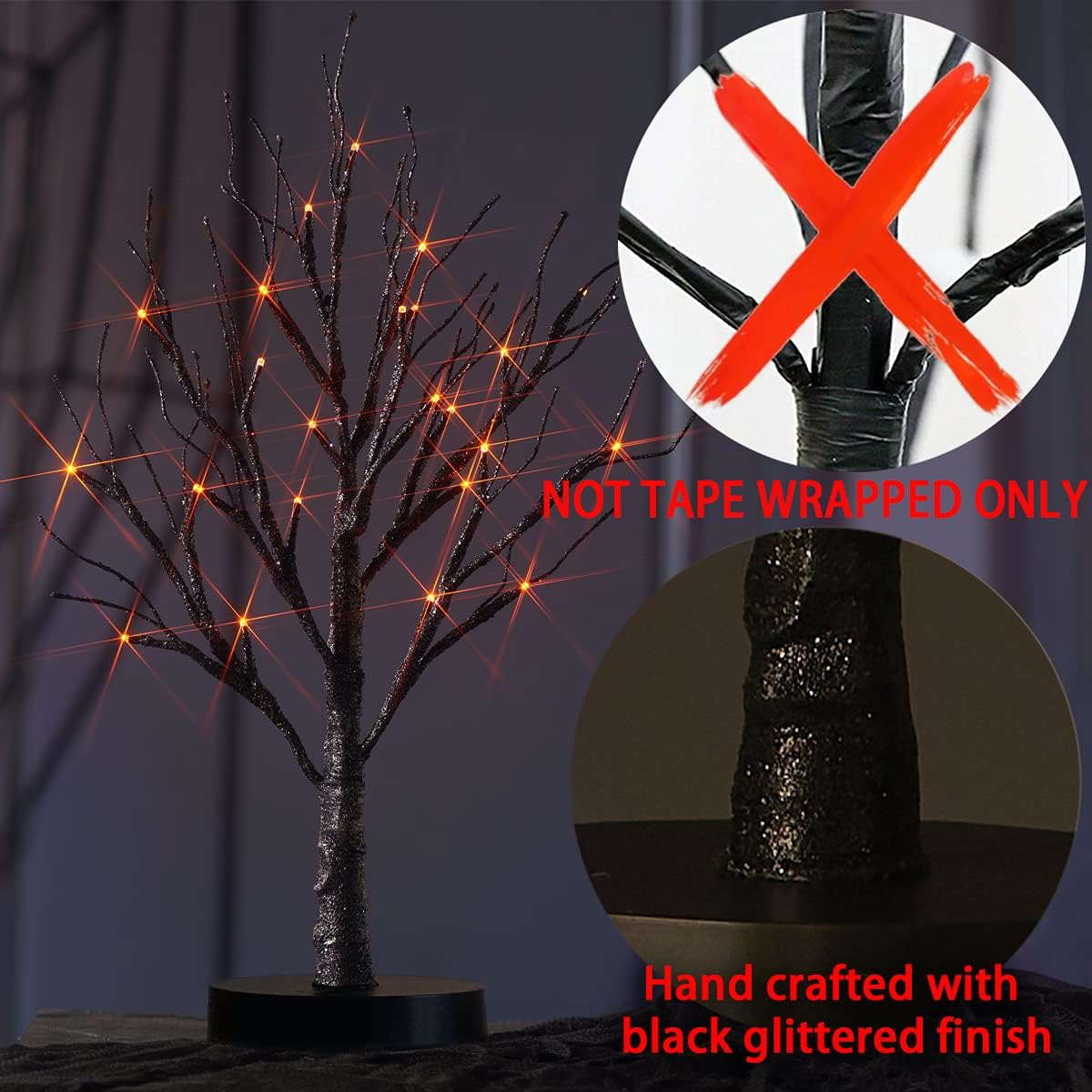 Fudios Black Halloween Tree with Lights 24 LED Orange with Timer, Lighted Tabletop Glittered Spooky