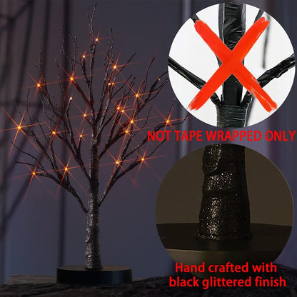 Fudios Black Halloween Tree with Lights 24 LED Orange with Timer, Lighted Tabletop Glittered Spooky