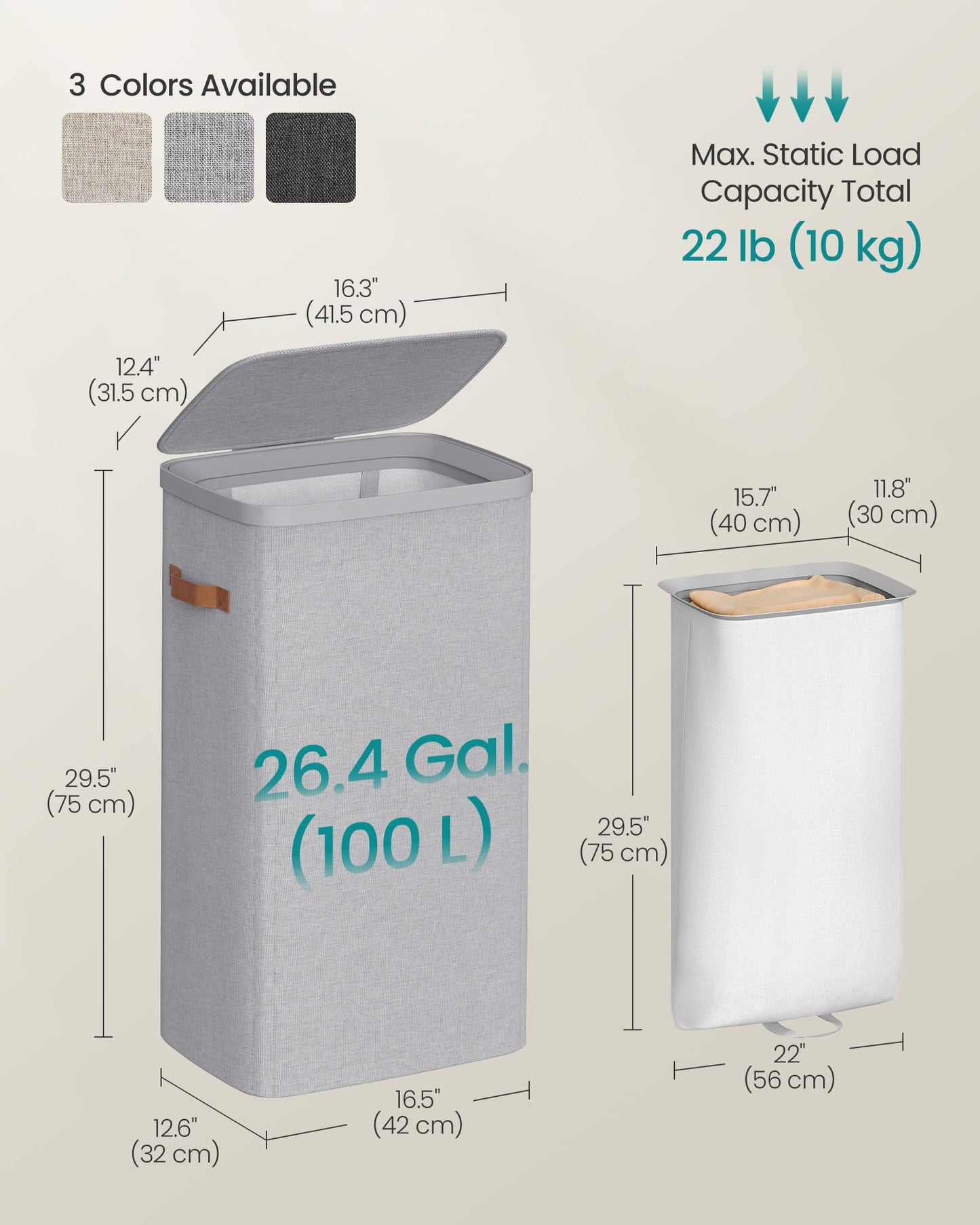 SONGMICS Laundry Basket, 26.4 Gal. Laundry Hamper, Easy Assembly, with Lid and Handles, Removable