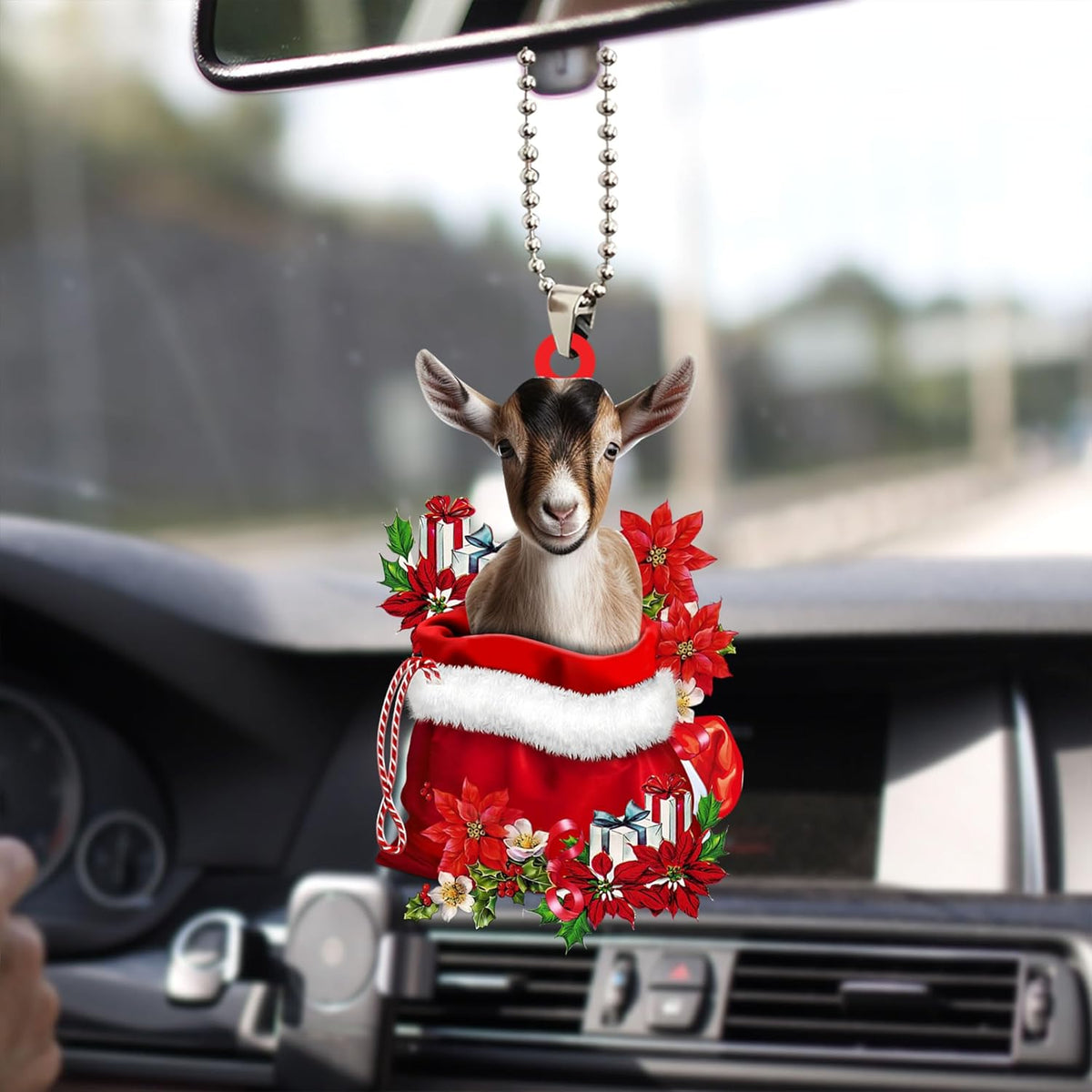 Talataca Goat 2D Flat Christmas Ornament, Goat in Red Santa Gift Bag Pine Tree Decor, Hanging House