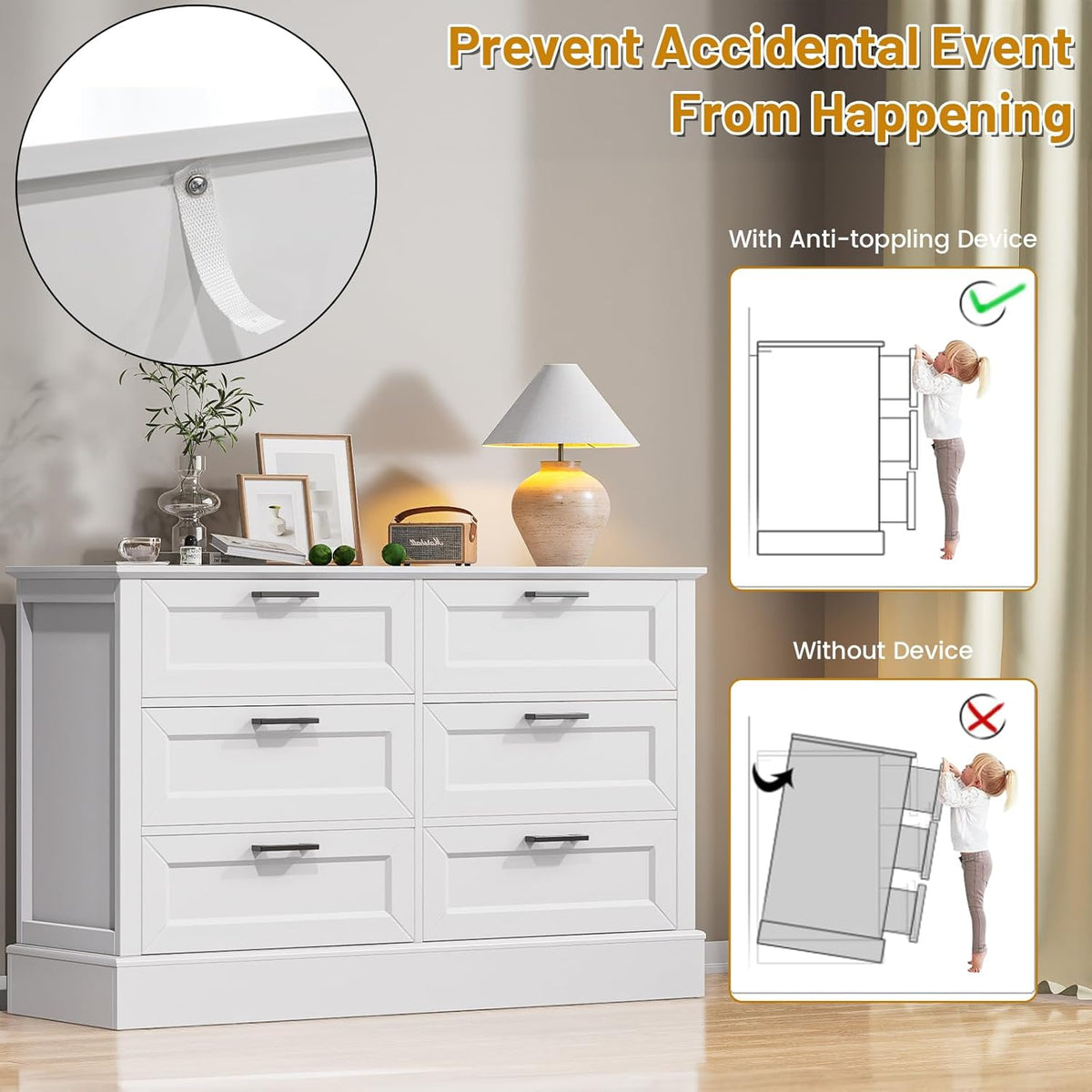 White Dresser for Bedroom with 6 Drawer, Bedroom Furniture Organizer Storage, Wood Double Dresser &