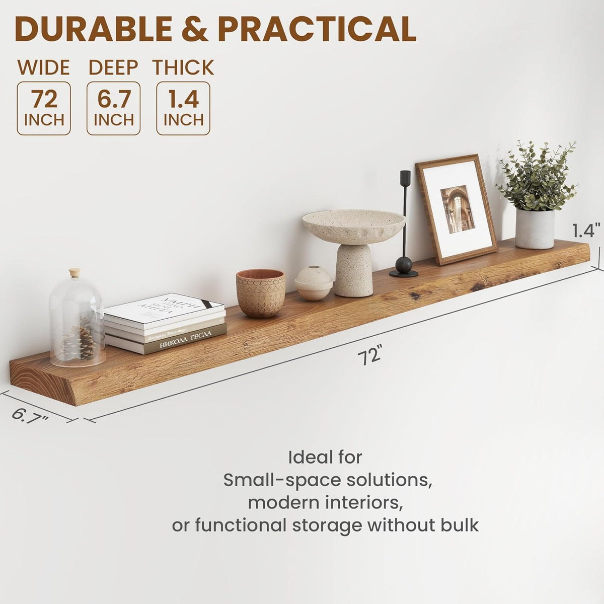 72" Floating Shelves, Live Edge Elm Wood Floating Shelf for Wall, Wall-Mounted Display Shelves with