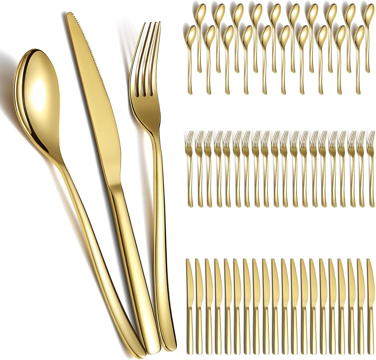 Berglander Gold Wedding Silverware Set 60pcs Service for 20, Titanium Plating Stainless Steel