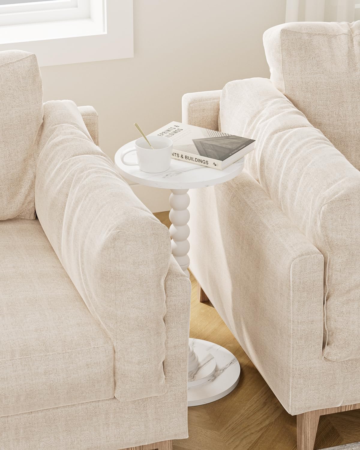 Masupu Round Side Table, Small Drink Table for Small Spaces, Pedestal End Table with Solid Wood Leg