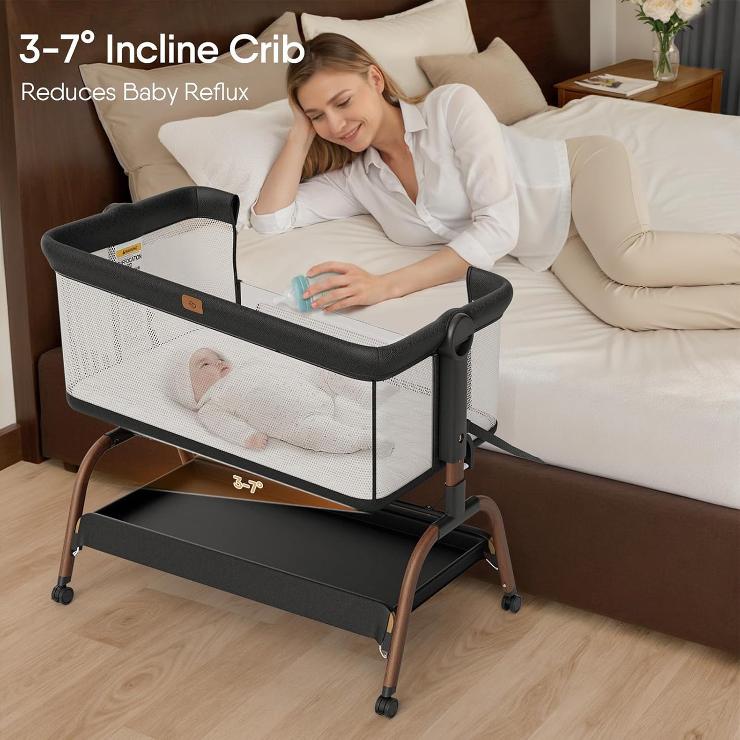 Baby Bassinet Bedside Crib, 3-in-1 Baby Bassinet Bedside Sleeper with Mattress and Soft, Breathable