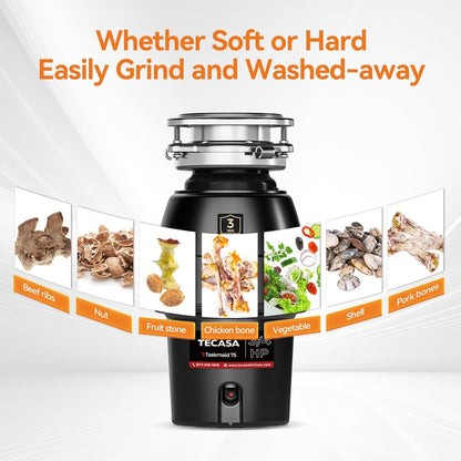 3/4 HP Garbage Disposal, TECASA Food Garbage Disposal with Power Cord, Stainless Steel Grinding