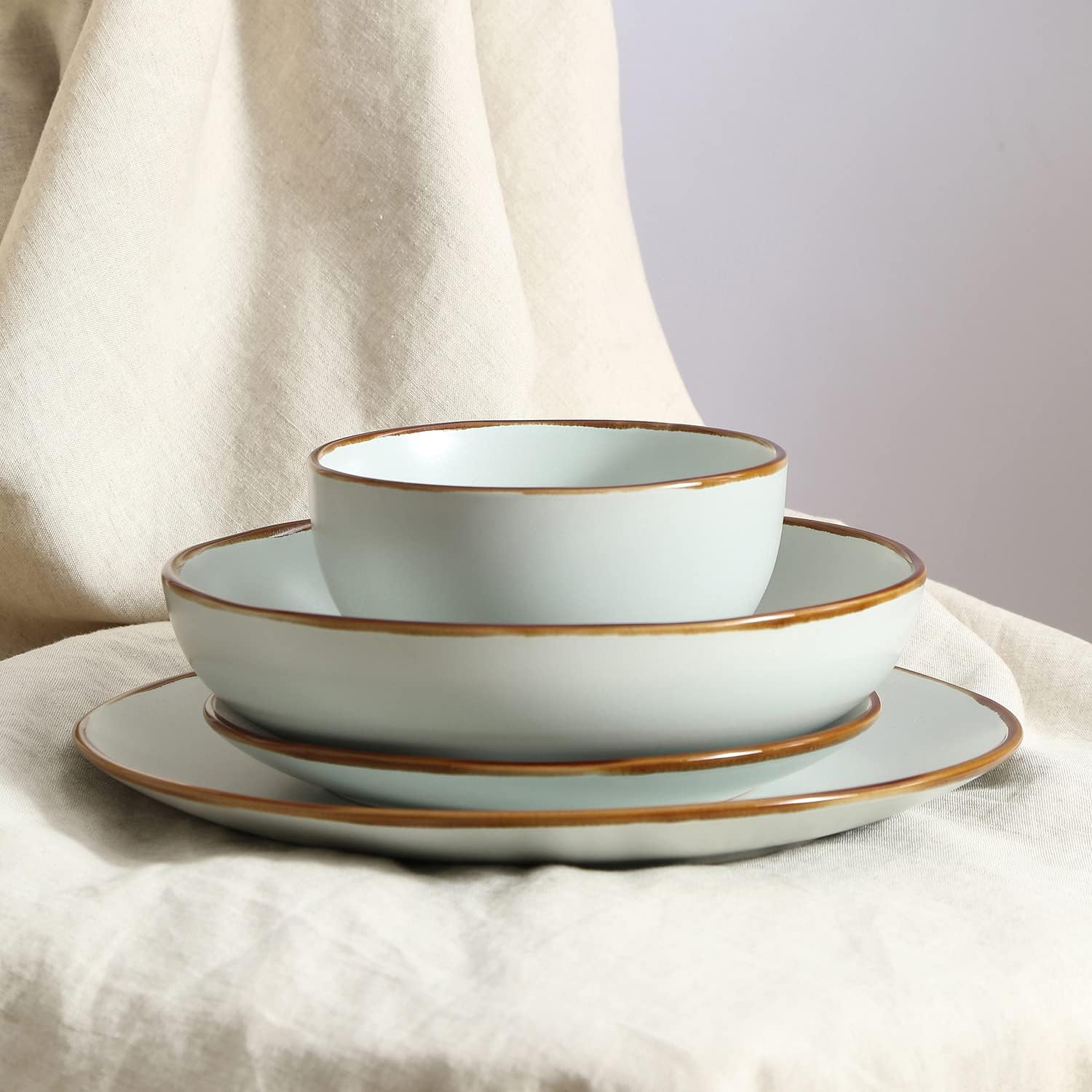 Stone Lain, Stoneware, Service for 4, Light Green, Plates and Bowls Sets, Dinnerware Set with 4