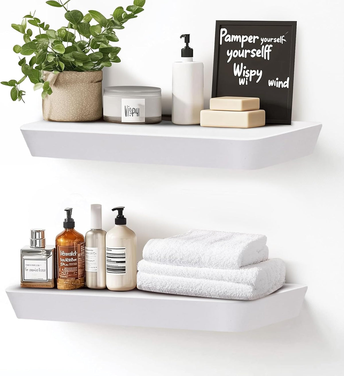 16"x6.8"x1.6" Slanted Floating Wall Shelves 2-Pack - Rustic White Finish, Heavy-Duty Solid Wood